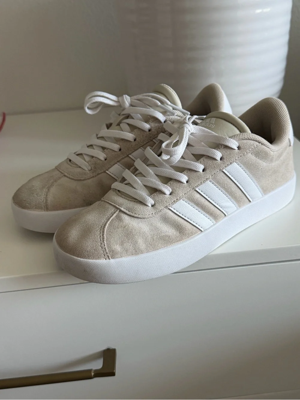 adidas Beige Suede Low-Top Sneakers with White Stripes